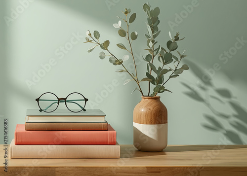 Eyeglasses on a book and a flower vase on a work desk.