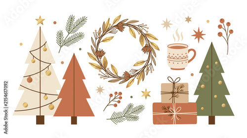 Set of Christmas icons including trees wreath and gifts