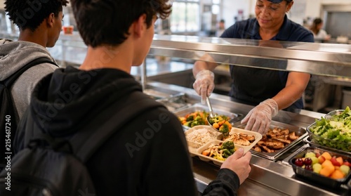 Étudiant adolescent avec un sac à dos prenant un plateau de repas sain à la cantine scolaire ou au restaurant universitaire