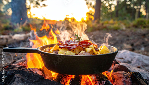 Delicious bacon and potatoes sizzle in a cast iron skillet over a crackling campfire at sunset. Nobody is around in this cozy outdoor wilderness cooking adventure full of flavor.