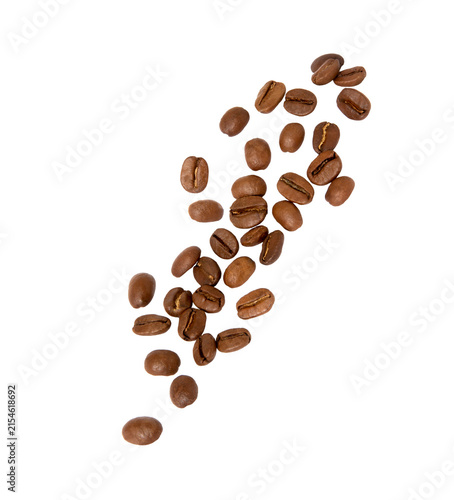 Roasted coffee beans falling  isolated on white.