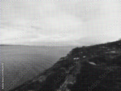 Mountain Coast and Calm Water in Color Halftone Dot Print Landscape