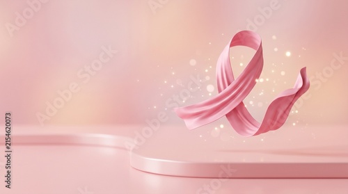 Floating Pink Ribbon with Glowing Sparkles over Pastel Podium Stage, Breast Cancer Awareness Month Background with Copy Space
