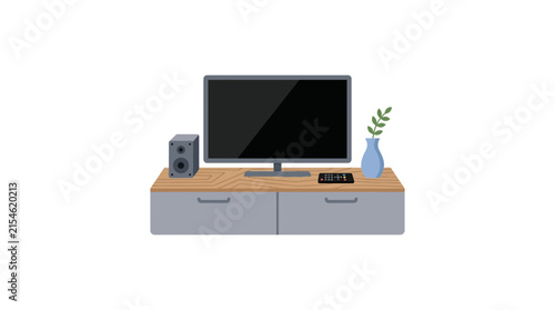 фотографія Modern TV stand with television speaker and vase illustration