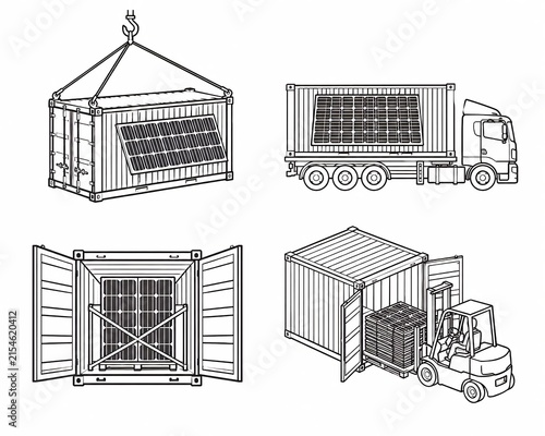 Solar panels installed on shipping containers for renewable energy transport, logistics, cargo handling, and sustainable industrial solutions.