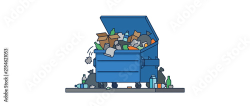 Overflowing Blue Dumpster with Trash and Garbage Bags, Isolated