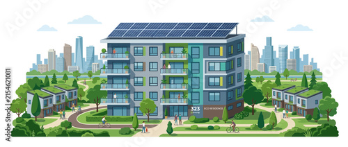 Sustainable Eco-Friendly Apartment Building with Solar Panels in Green City