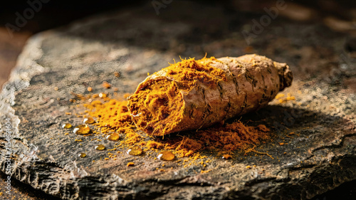 Freshly Grated Turmeric Root on Slate Macro