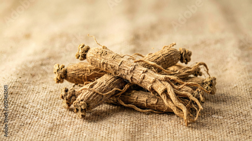 Dried Ashwagandha Roots on Linen Cloth Macro