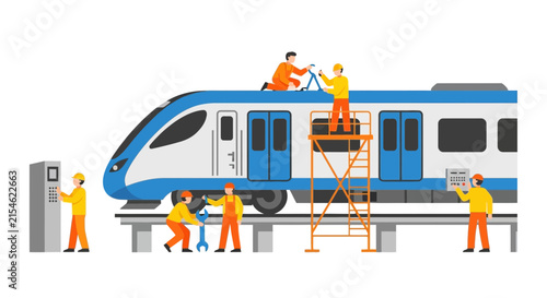 Train maintenance crew performing repairs and checks on modern subway train