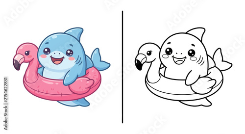 Cute kawaii shark flamingo floatie kids coloring page vector