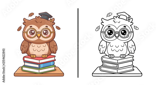 Cute kawaii owl reading books kids coloring worksheet vector