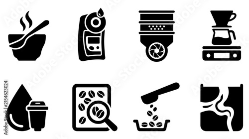 Coffee Quality Control and Cupping Process Black Glyph Icon Set