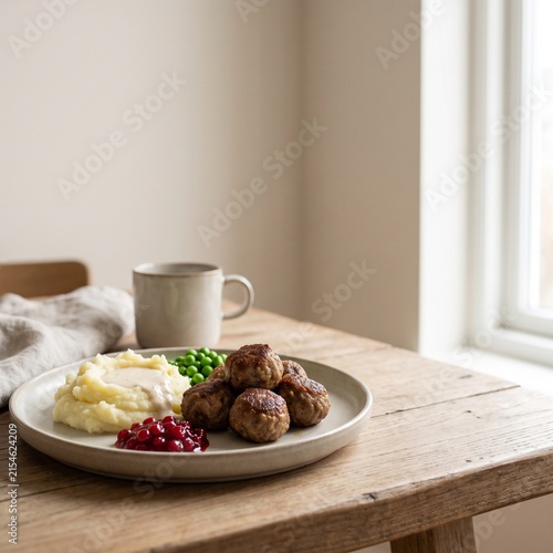 Traditional scandinavian meatballs with mashed potatoes and lingonberry jam