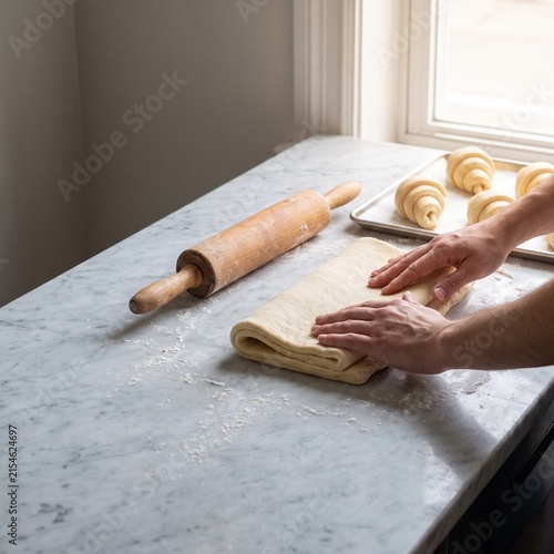 Baker hands preparing puff pastry dough on a marble countertop with countertop