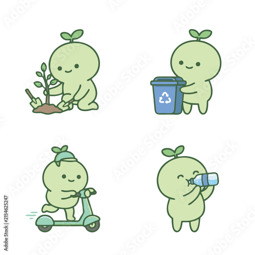 Cute Green Sprout Plant Character Icon Set – Watering, Gardening, Nature Kawaii Cartoon Vector Illustration