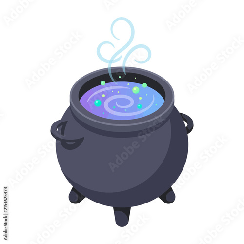 Cauldron filled with bubbling purple magic liquid releases swirling steam on a white background.