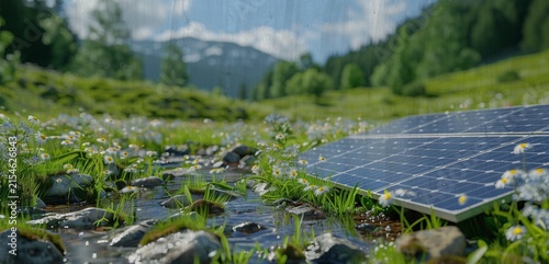 solar panels in the mountains, solar panels on a green field