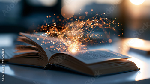 Open book with a glowing knowledge network rising from its pages on a bright clean well lit desk learning concept intelligence connected ideas education innovation