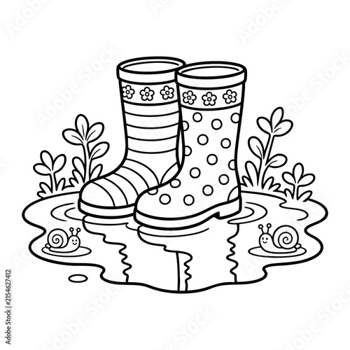 Garden boots standing in a puddle with happy snails and green foliage