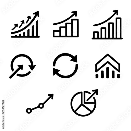 Set of outline icons for business analytics and upward movement