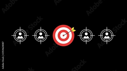 Target with dart and targeted user profile icons animation with transparent background for audience segmentation