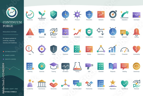 Collection of business and finance vector icons on a white background representing growth and strategy