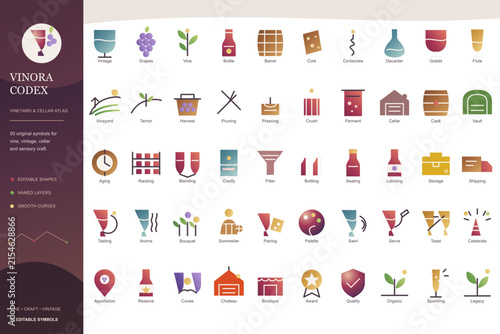 Vineyard Icons Collection with Grape Clusters and Wine Making Tools on White Background