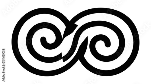 Black infinity spiral symbol on white background.