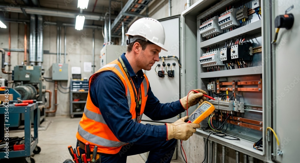 Naklejka premium Professional male electrician wearing safety gear testing voltage on an electrical control panel with a multimeter in an industrial facility.
