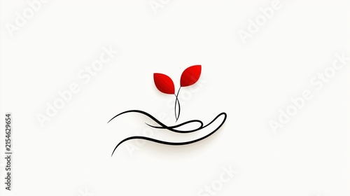 Minimalist art illustration featuring human hand holding two red sprouting leaves symbolizing nature environmental protection