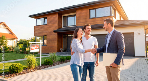 Smiling real estate agent shaking hands with a happy young couple next to a sold sign outside a modern residential house at sunset.