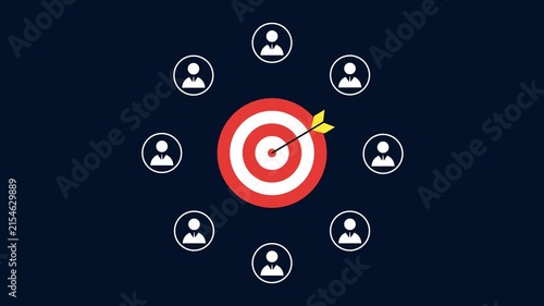 Target with dart surrounded by user profile icons animation with dark background for audience segmentation