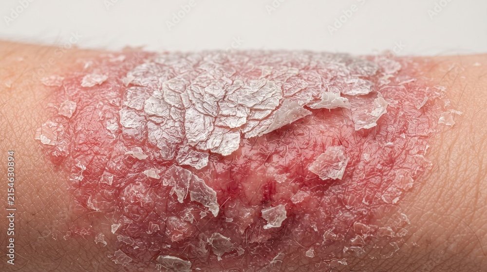 Fototapeta premium Extreme close-up of severe plaque psoriasis, eczema, or deeply cracked and peeling scaly skin on a human body.
