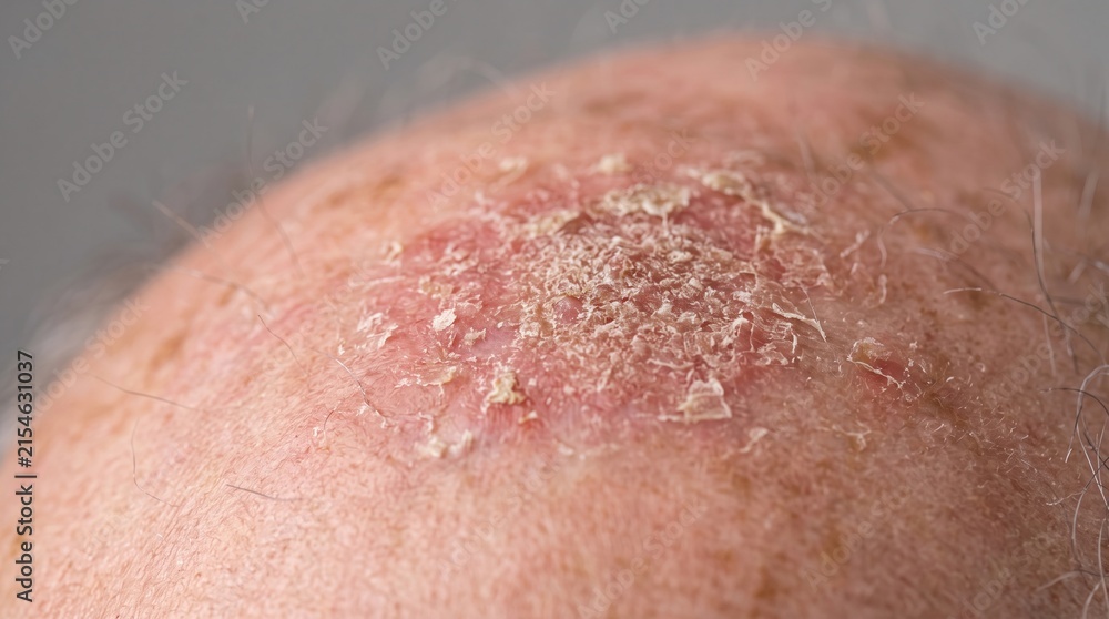 Fototapeta premium Close-up of a dry, scaly, and red patch on a bald scalp indicating actinic keratosis, psoriasis, or ringworm.