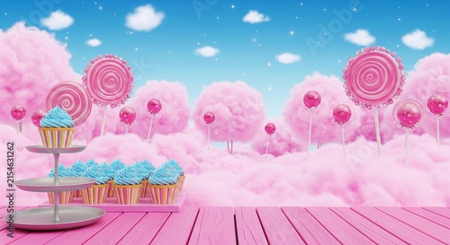 Cupcakes with Blue Frosting on a Three-Tiered Stand and Candy Landscape with Pink Cotton Candy Clouds and Giant Lollipops 3D Render