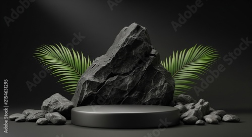 Dark aesthetic product display podium with black volcanic stone and palm leaves for luxury cosmetics branding