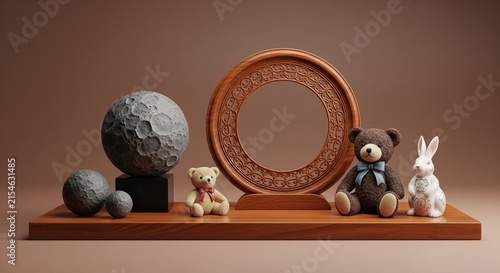 Decorative composition with a moon sphere, wooden frame, teddy bears, and a rabbit figurine on a minimalist shelf isolated on brown