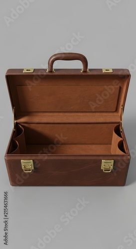 Vintage brown leather briefcase open on a gray background.