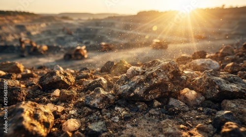 Industrial gold mining operation with an open pit excavation area and soft focus foreground.