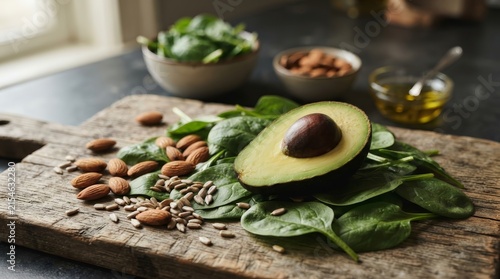Fresh spinach, avocado, almonds, and sunflower seeds representing various vitamin E sources.