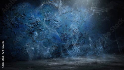 Mysterious Blue Smoke Swirling in Dark Room with Spotlight.