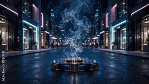 Mysterious Smoke Erupting from Pedestal on Futuristic City Street at Night.