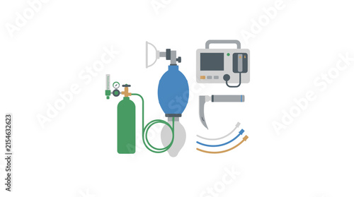 Medical Equipment Icons: Oxygen Tank, Resuscitator, Monitor, Laryngoscope