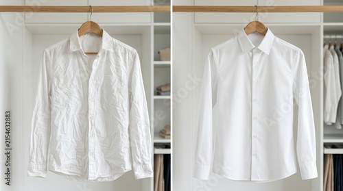 Neatly ironed white shirt and wrinkled white shirt hanging on wooden hangers in a wardrobe.
