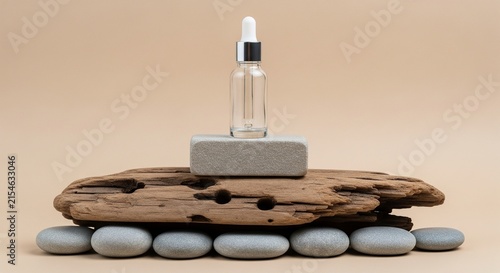 Empty clear glass cosmetic serum dropper bottle standing on a grey stone block atop weathered driftwood and river pebbles, beige background