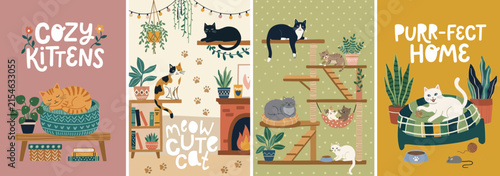 Cozy kittens vector posters, set of 4 cute cat illustrations with plants and furniture, flat style feline home decor art