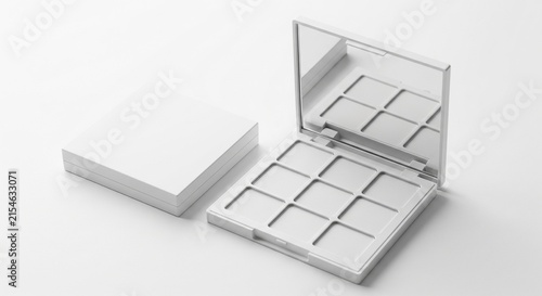Empty Cosmetic Makeup Palette Case with Mirror Mockup in Minimalist White for Beauty Product Branding Presentation
