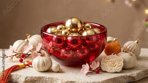 Red bowl filled with gold and red ornaments, surrounded by white objects and pink blossoms.