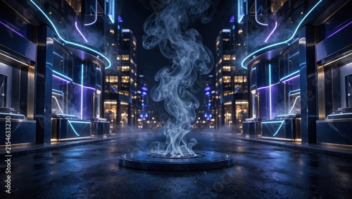 Futuristic Cyberpunk Alley with Neon Lights and Smoke.